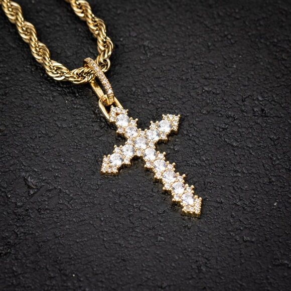 Hip Hop Mini Men's Iced Cz 14K Yellow Gold Cross Pendant Rope Chain Necklace - Picture 4 of 6